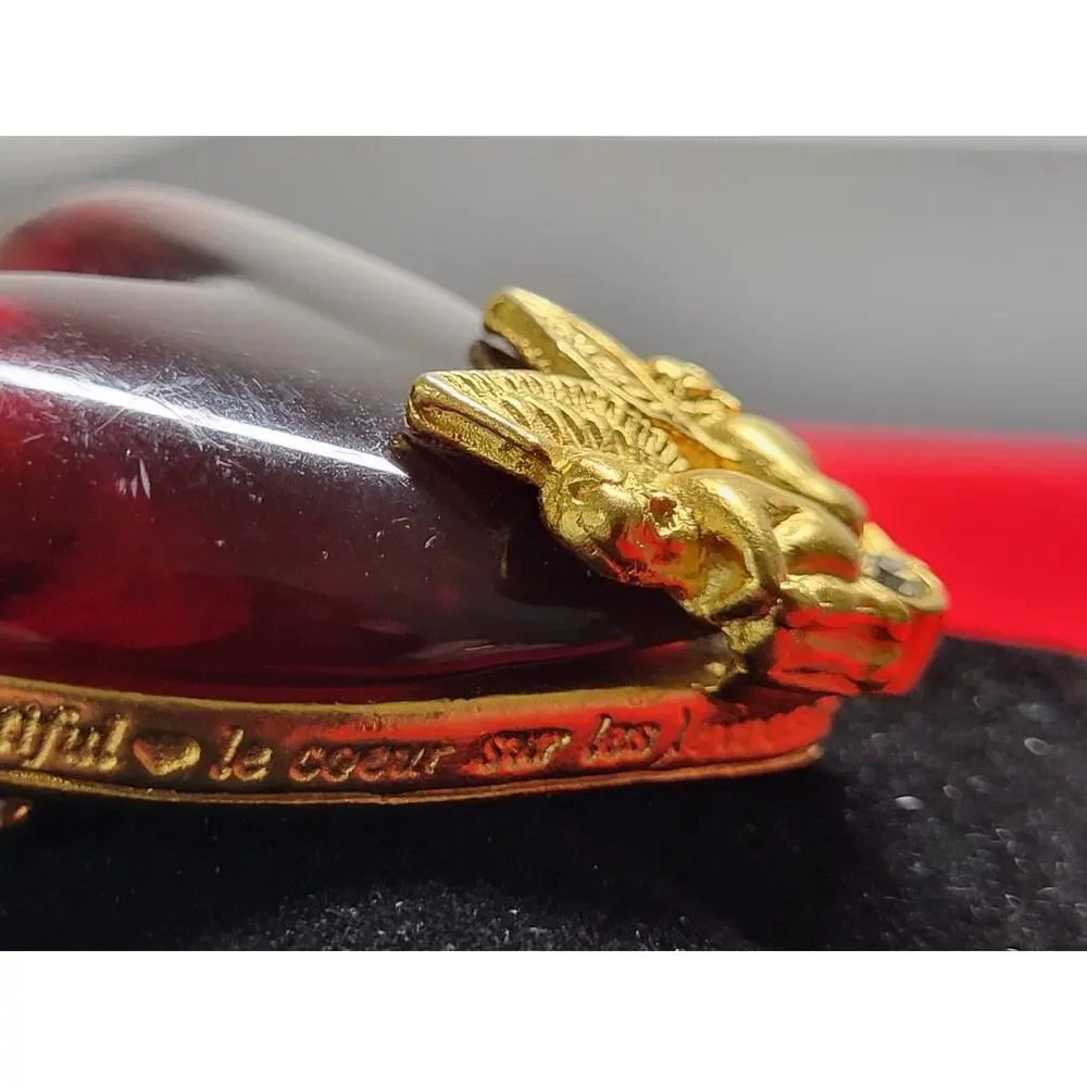 Givenchy Vintage Guardian Angel Cherub Red Lucid Heart Pin Brooch Gold Tone RARE